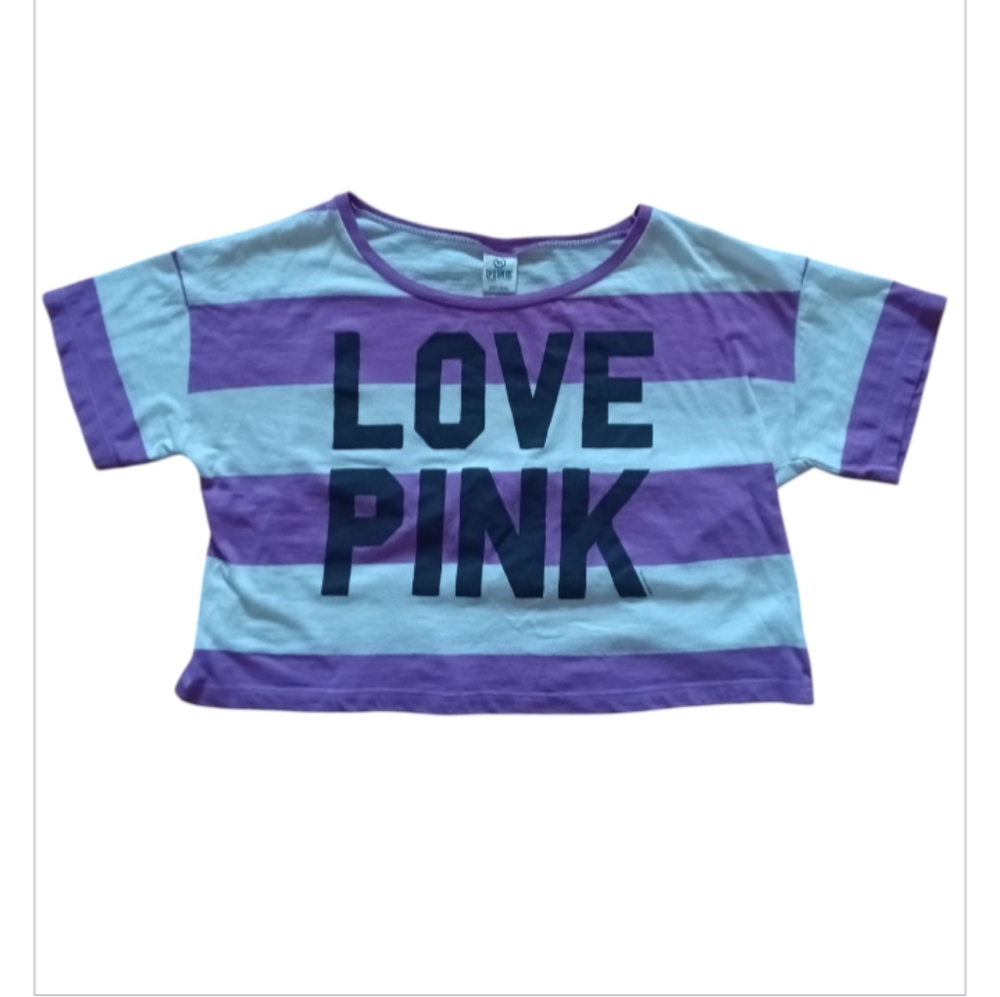 PINK VS Purple & White Striped Crop Tee Shirt w/ Love Pink Logo In Blk